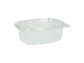 Salatschalen 500 ml rechteckig, rPET, transparent, mit anhängendem Deckel,