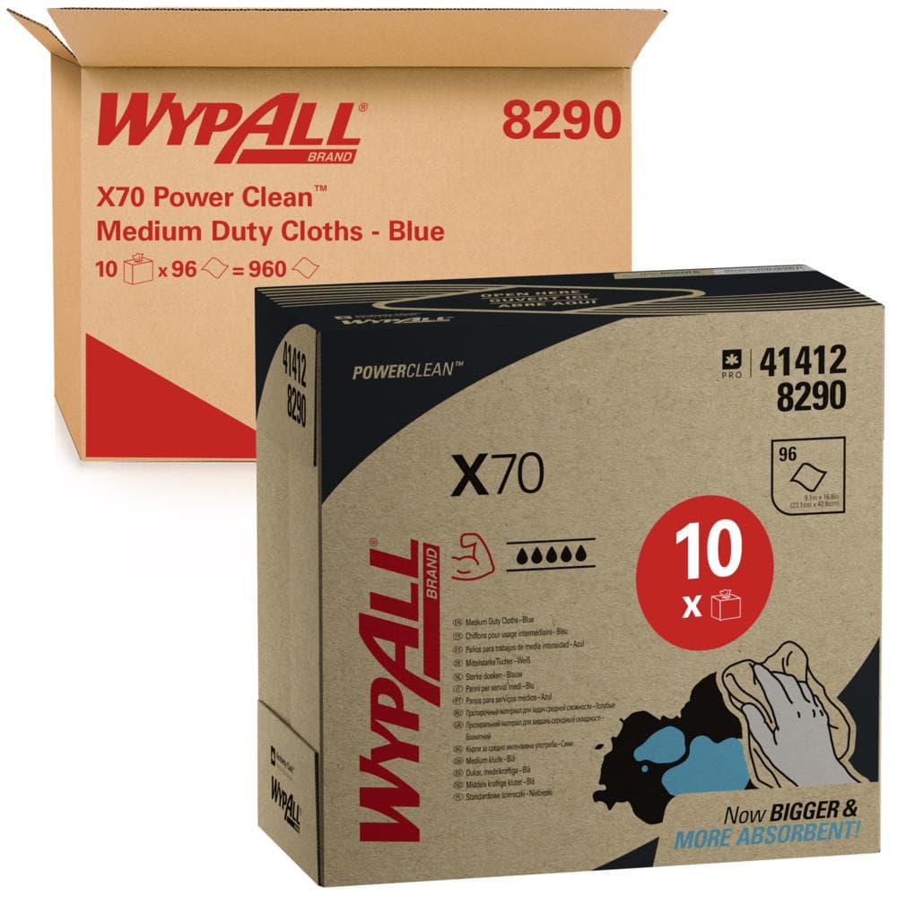 Chiffons de nettoyage Wypall X70 bleus, 1 pli, 42,6x23,1 cm, interfoliés, gaufrés, 90 g/m².