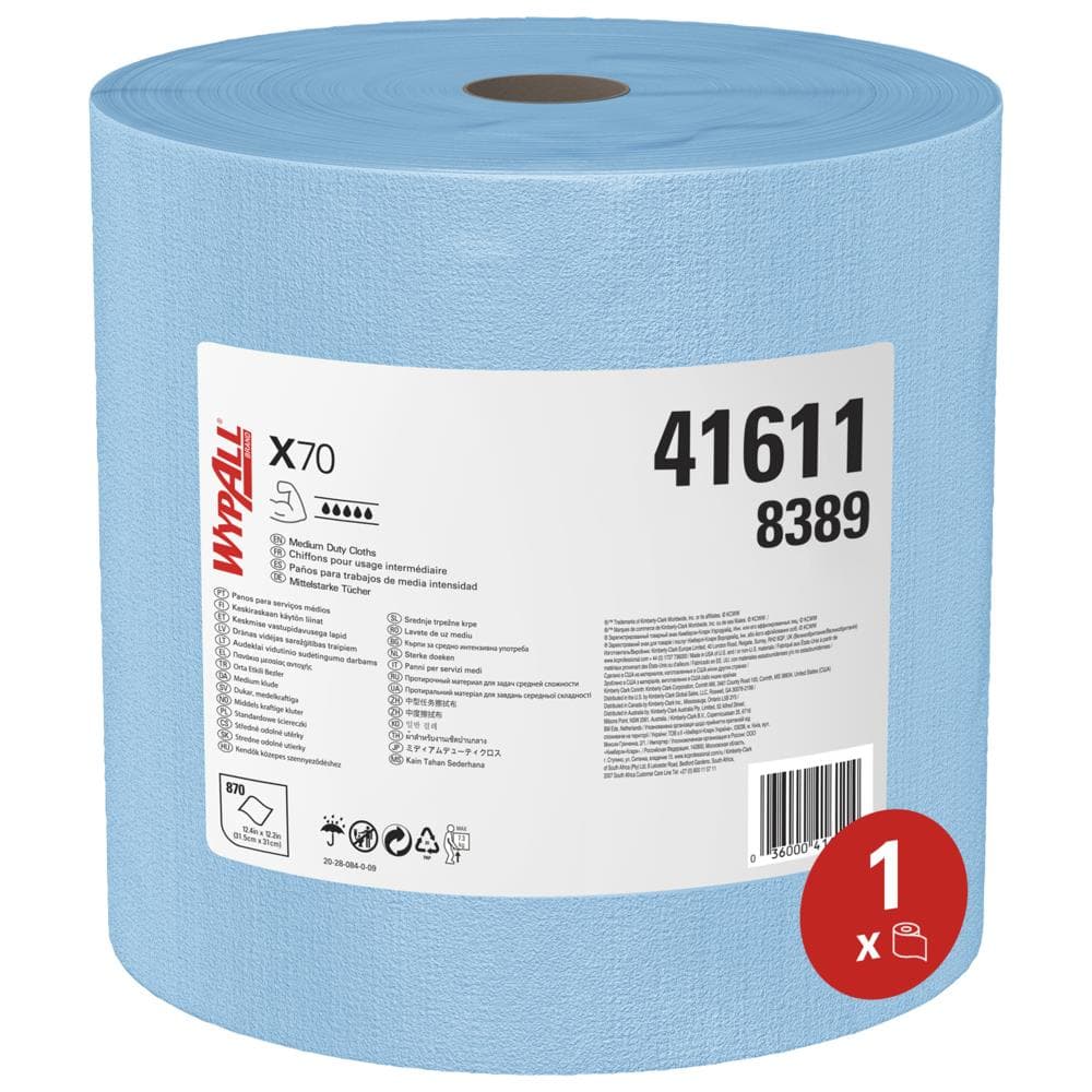 Rouleaux de chiffons de nettoyage bleus Wypall X70 34 x 31,5 cm, par rouleau de 870 chiffons