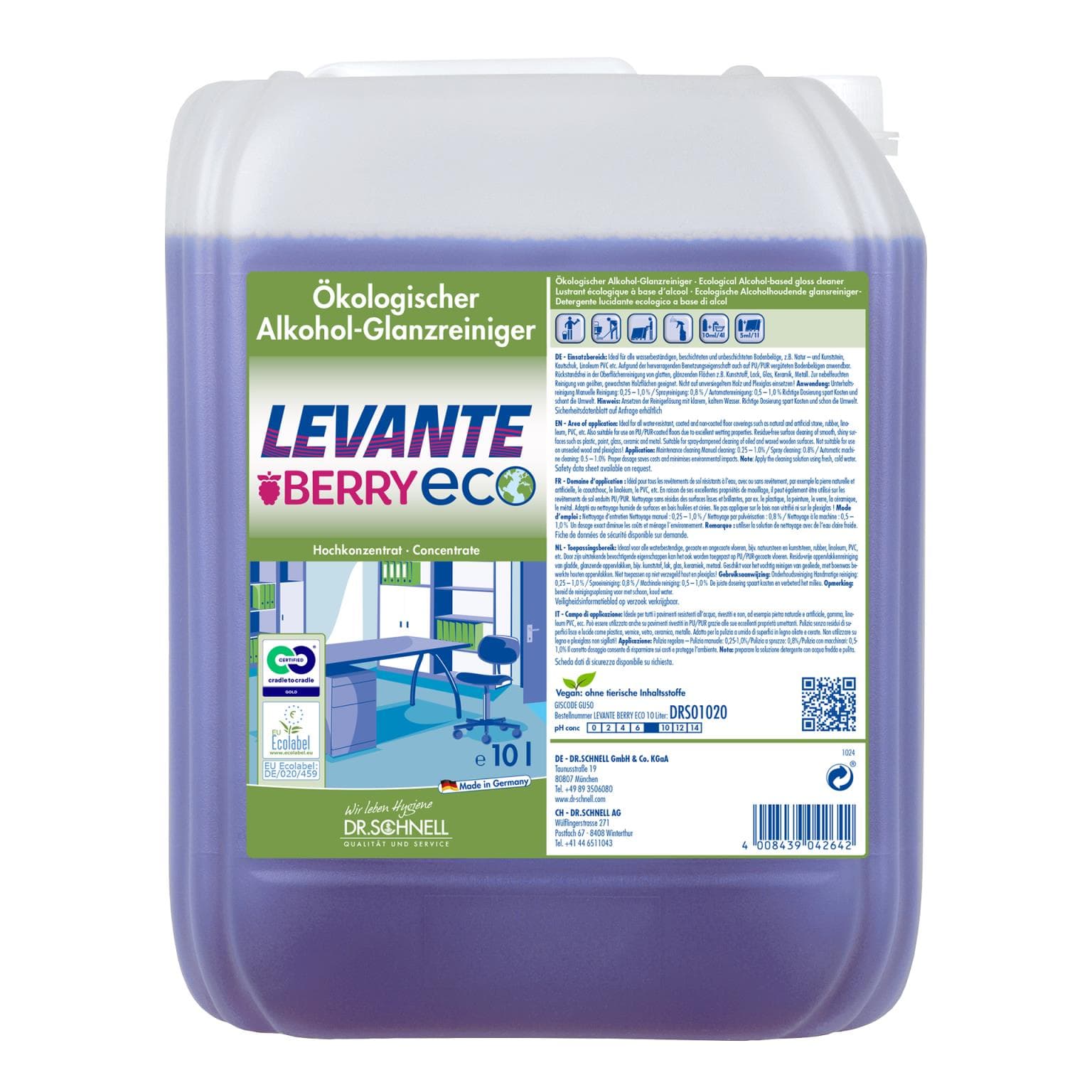 Levante Berry ECO, Detergente lucidante ecologico a base alcolica, liquido altamente concentrato