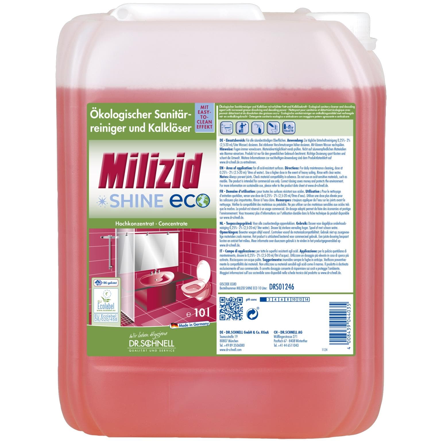 Milizid Shine ECO, nettoyant sanitaire et anticalcaire, pour tous les appareils résistants aux acides