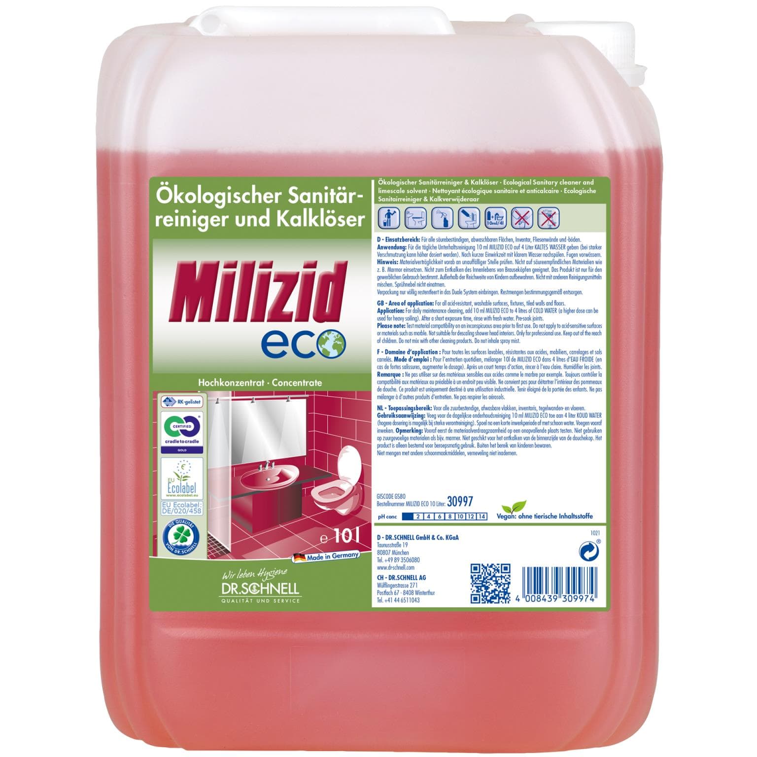 Milizid ECO, nettoyant sanitaire et détartrant, pour tous les appareils résistants aux acides