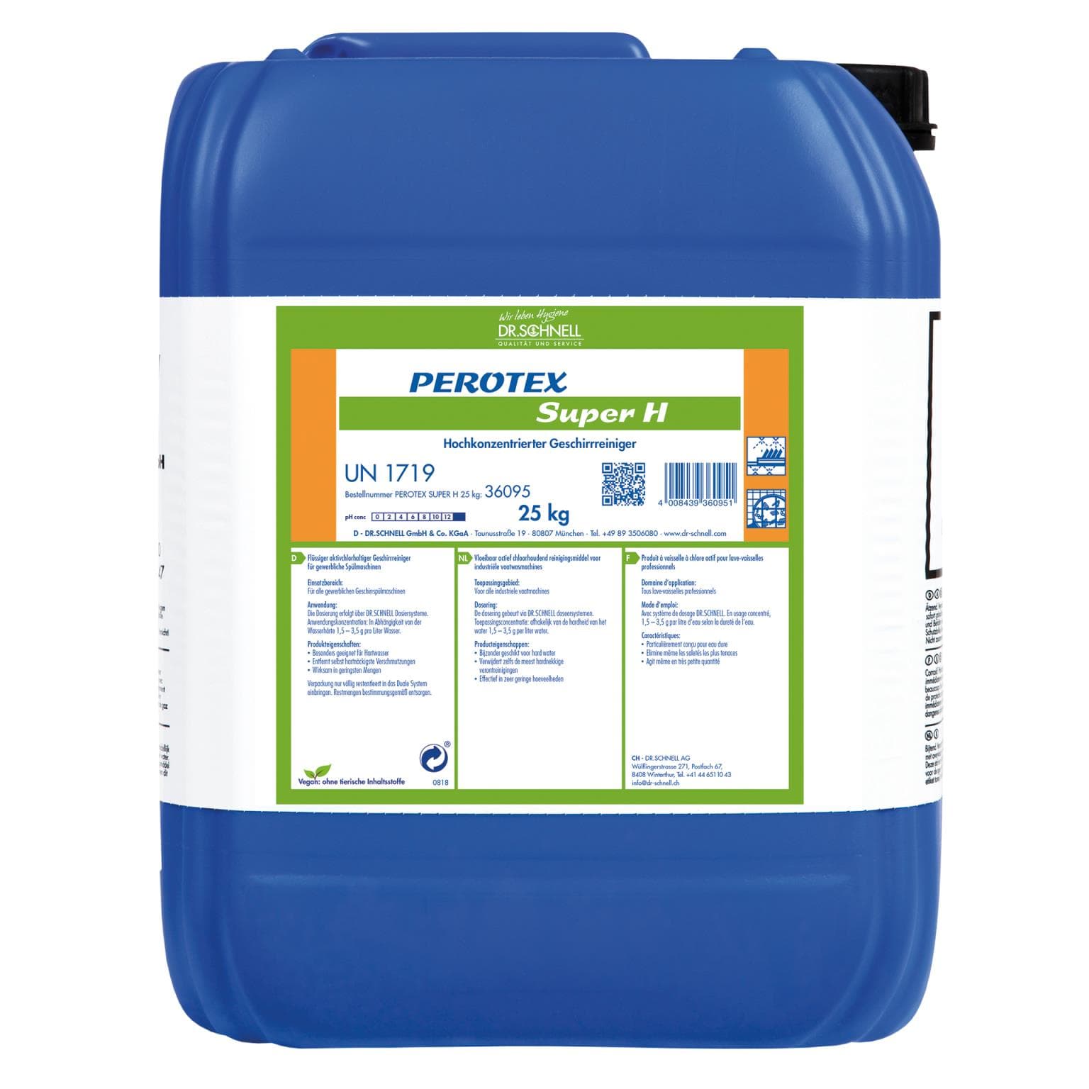 PEROTEX Super H, chlorhaltiger Geschirr- reiniger für hohe Wasserhärten, entfernt