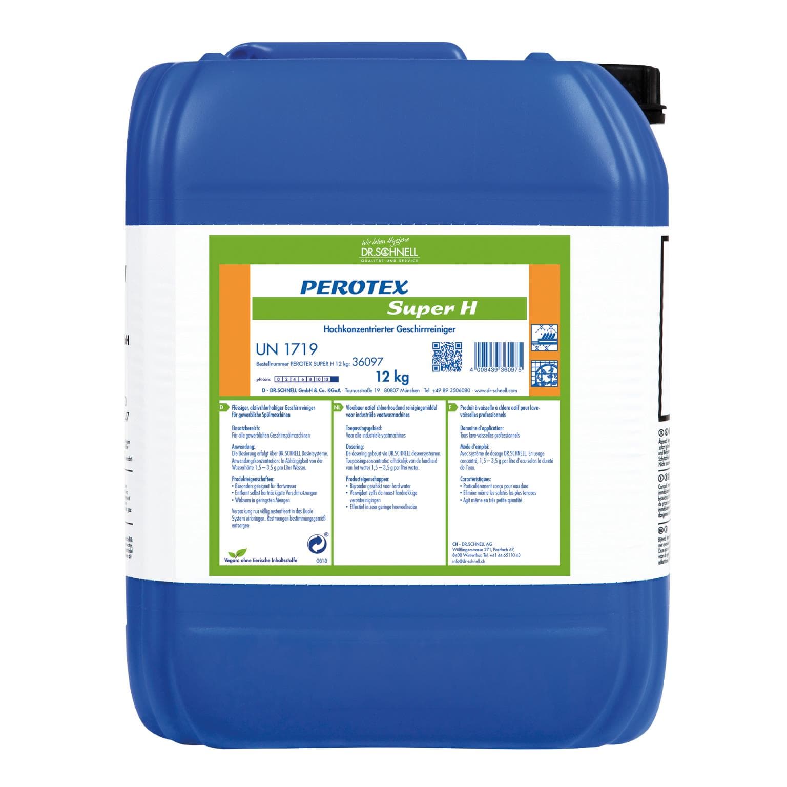 PEROTEX Super H, chlorhaltiger Geschirr- reiniger für hohe Wasserhärten, entfernt