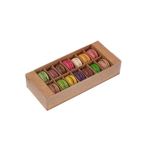 Boîte à macarons Kraft, avec couvercle PVC 250 x 105/50 mm, livrée montée