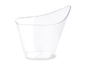 Bicchiere a goccia, in plastica (PS) trasparente, 120 ml, 95 x 65 x 67 mm.