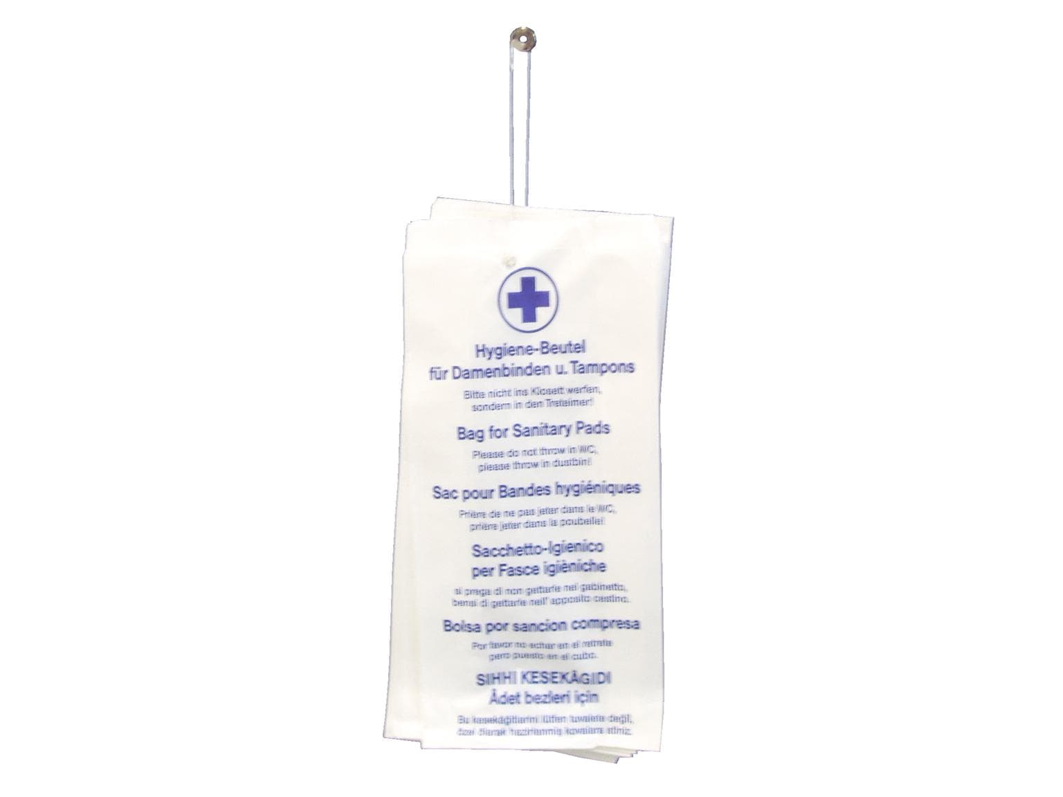 Hygienebeutel 12 x 5 x 24 cm, gebl. Kraftpapier 35 gm2 weiss, Druck blau