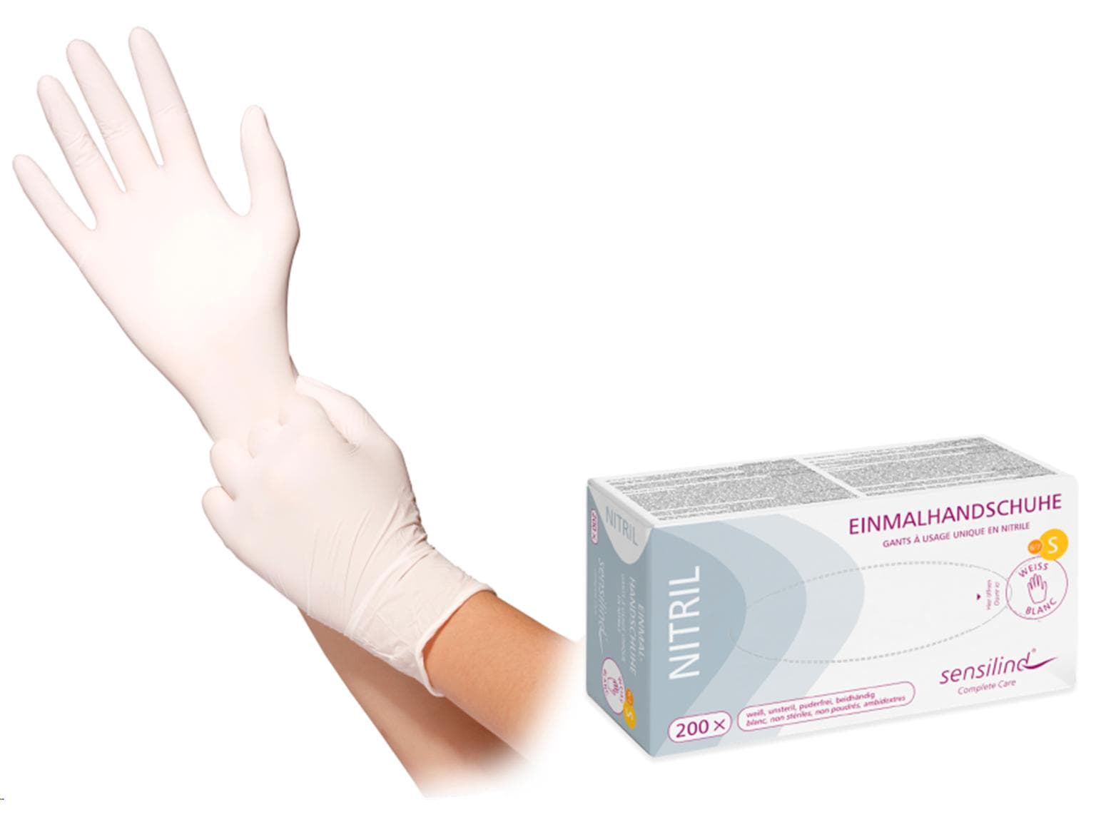 Handschuhe Nitril "Sensilind", Premium Grösse M, weiss, puderfrei, unsteril