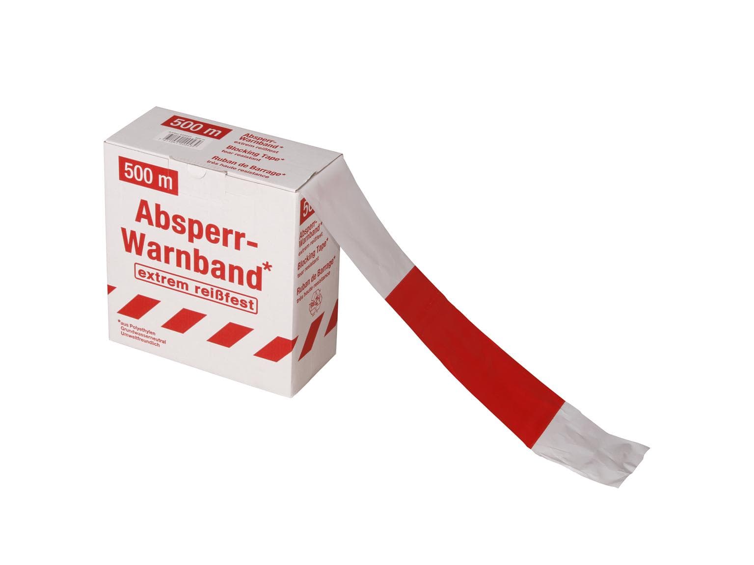 Ruban de barrière LDPE, 80 mm x 500 m, 30 my imprimé, 2 couleurs, rouge/blanc