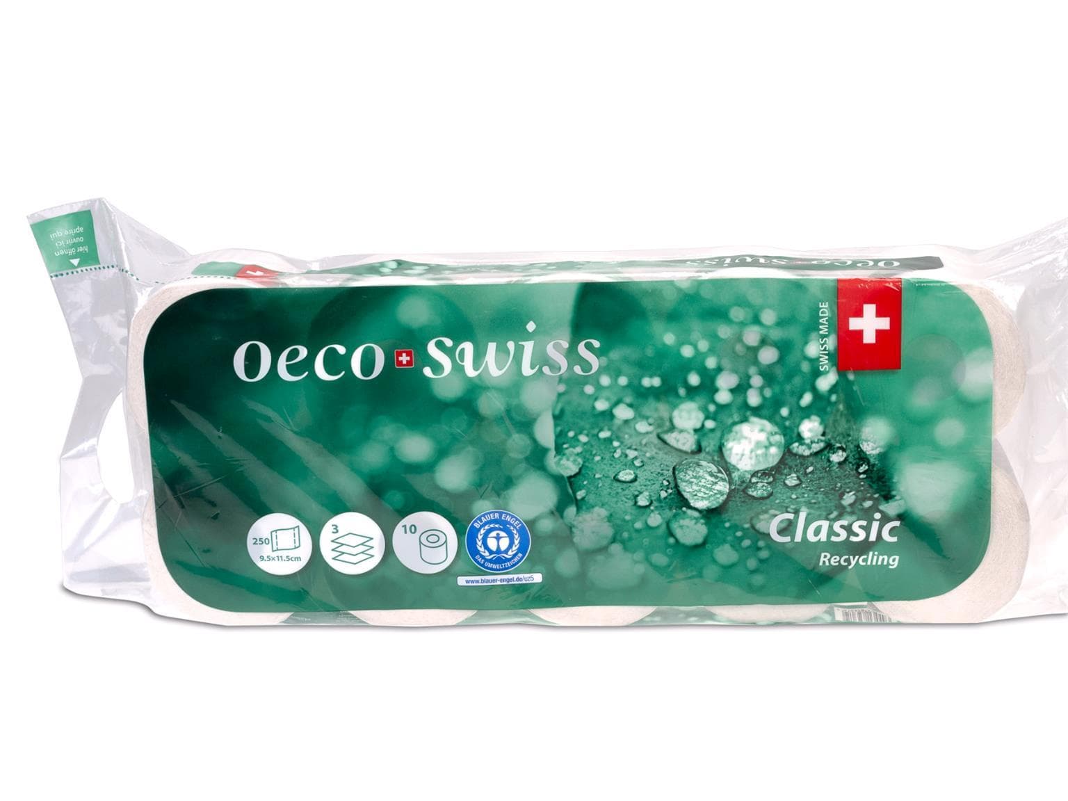 Papier toilette 3 plis Oeco Swiss Classic blanchâtre, 250 coupons, 9,5 x 11,5 cm