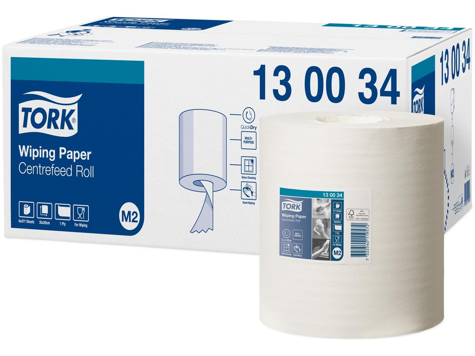 Rouleaux de chiffons de nettoyage Tork Advanced 415 à dévidage central, TAD blanc brillant, 1 pli,