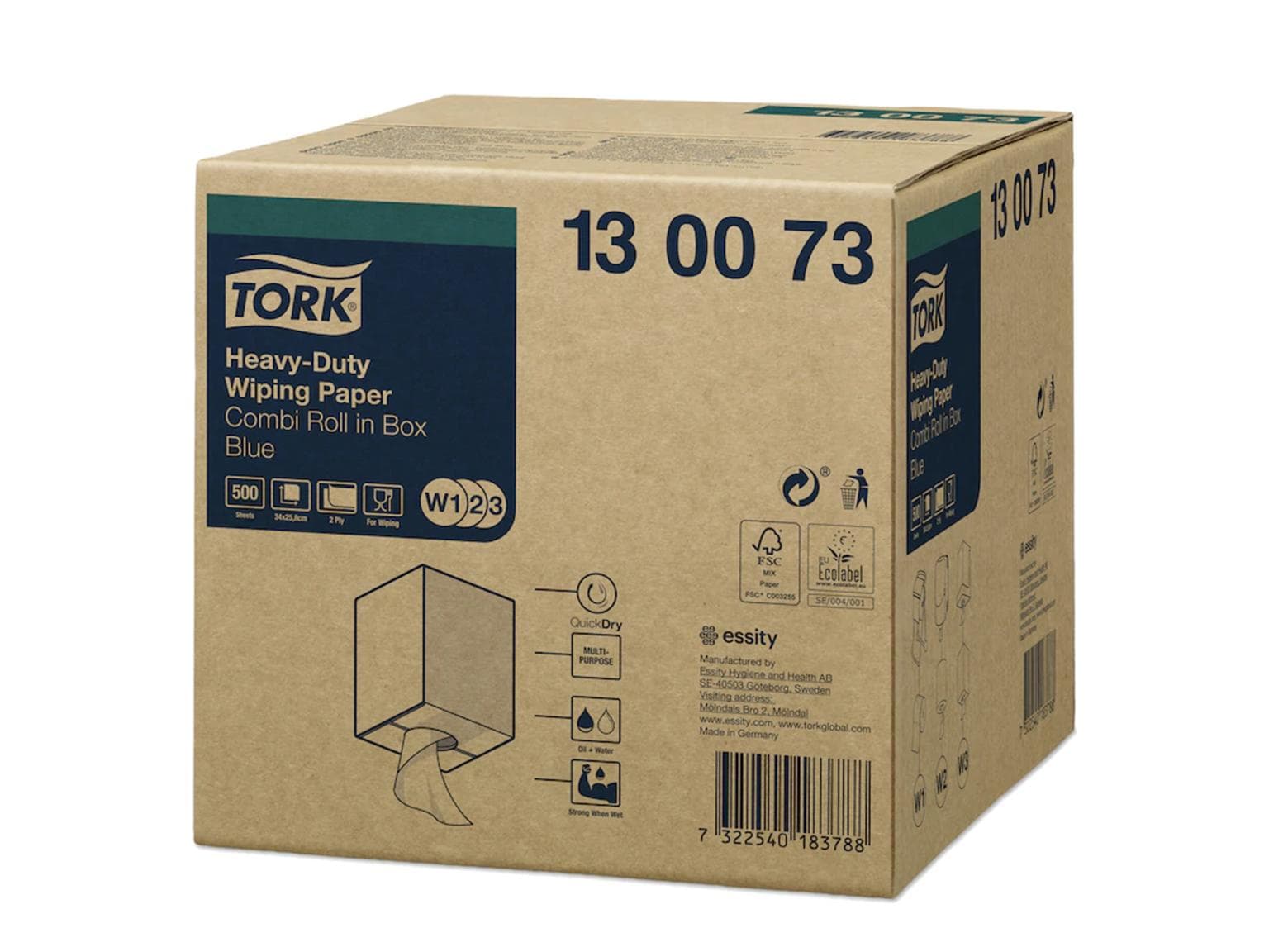 Rouleau de chiffon de nettoyage Tork bleu, système W1/W2/W3 2 plis, 500 feuilles, 23,5 cm x 170 mètres linéaires