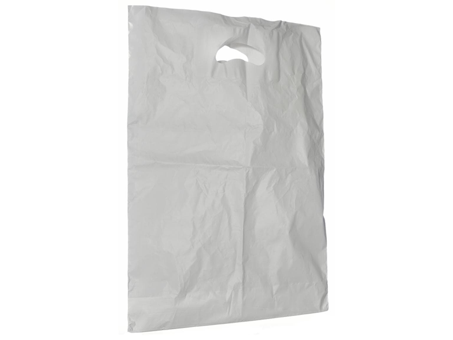 Sacchetti con foro per maniglia in HDPE T50, bianchi, 380 x 400 + 50 mm con soffietto sul fondo