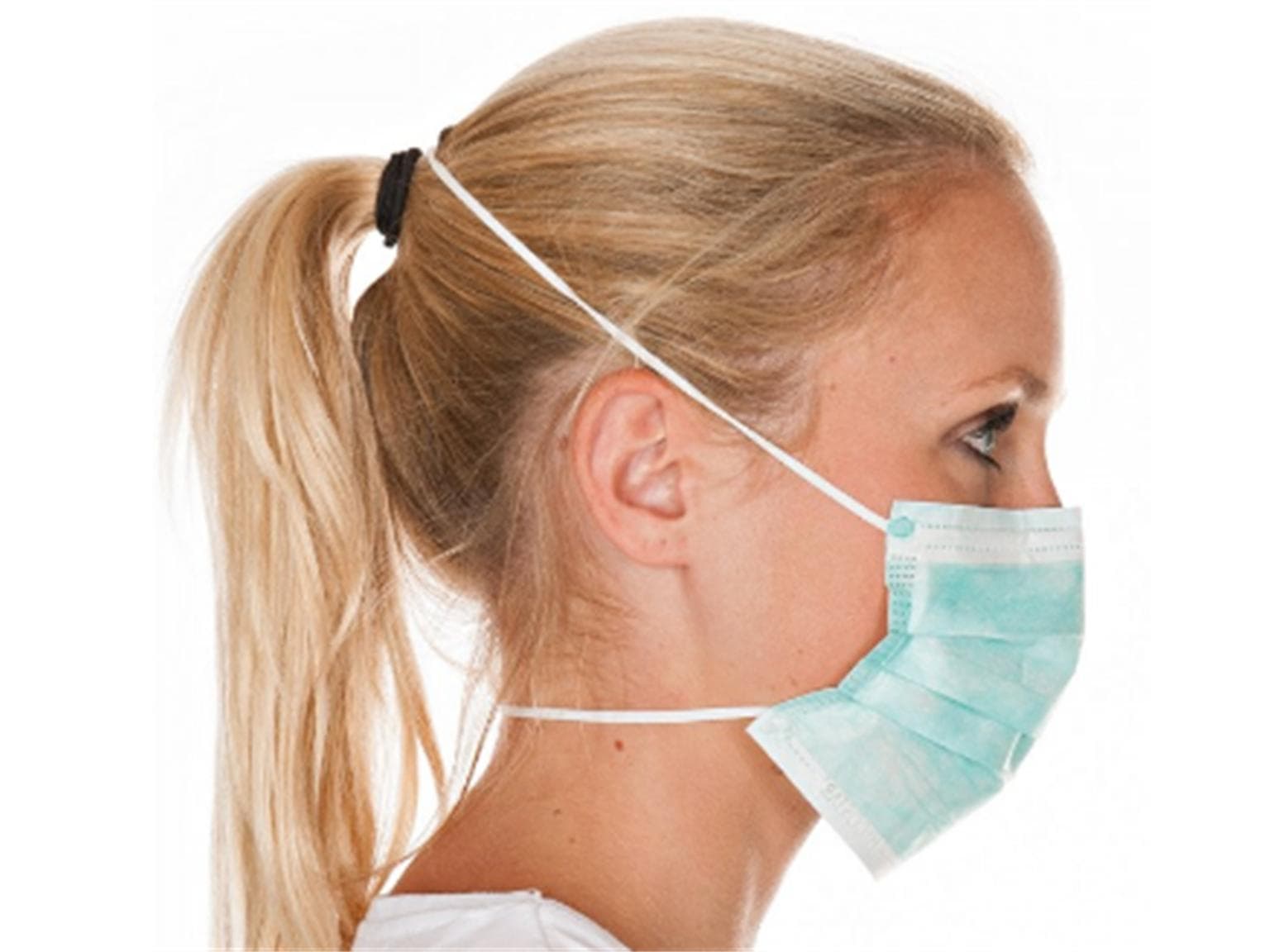 Masque facial, 3 plis, type II, vert, avec « élastique de tête », polaire polypropylène,