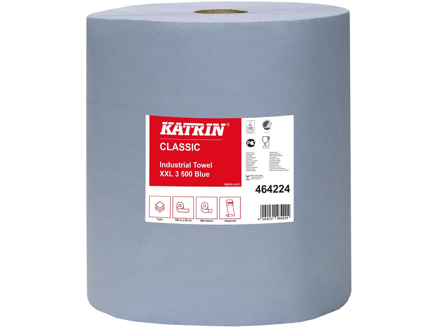 Rouleaux de chiffons de nettoyage Katrin XL 3 bleus, 3 plis 38 x 38 cm, gaufrés, 180 mètres linéaires