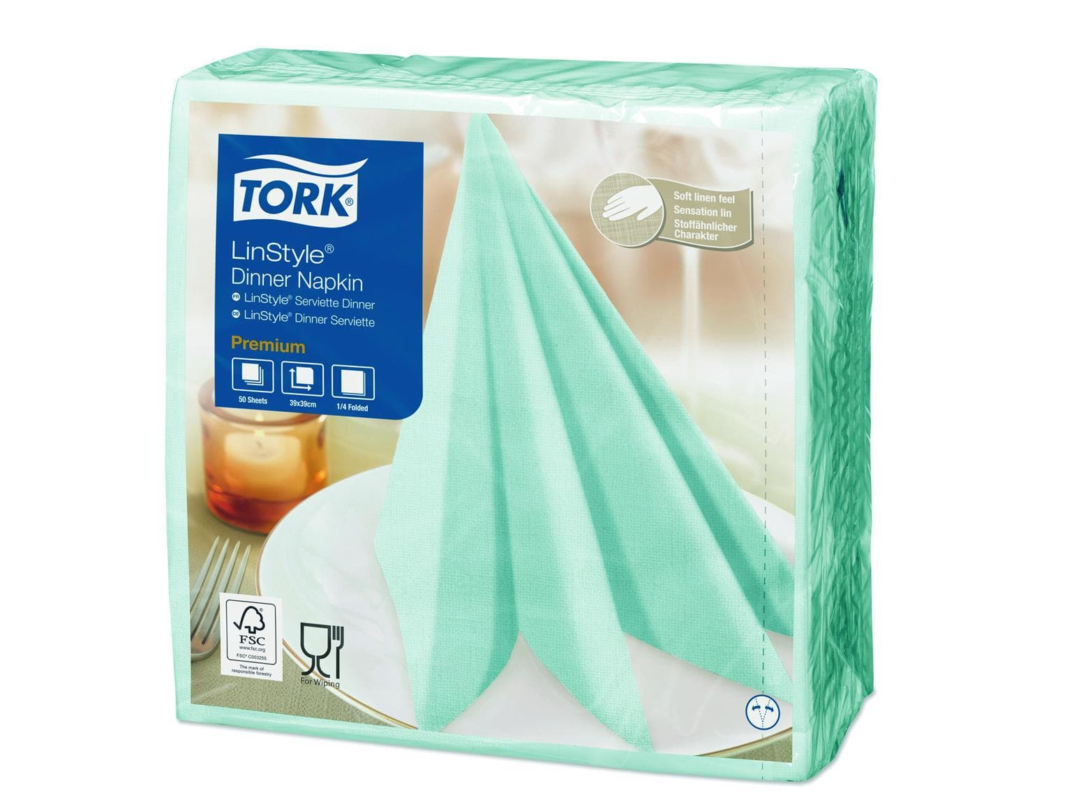 Tovaglioli Tork LinStyle Dinner, 39 x 39 cm, piegati in 1/4, menta