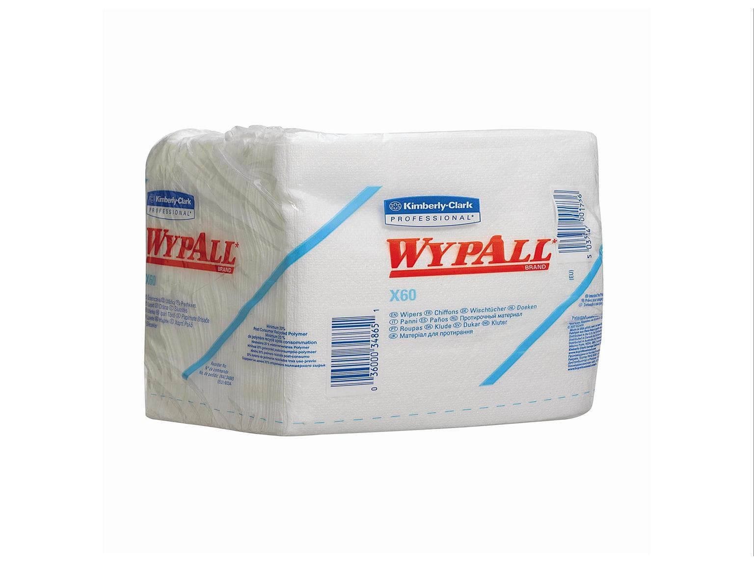 Chiffons de nettoyage Wypall X60 blancs 31,5 x 36,5 cm gaufrés pliés en quatre
