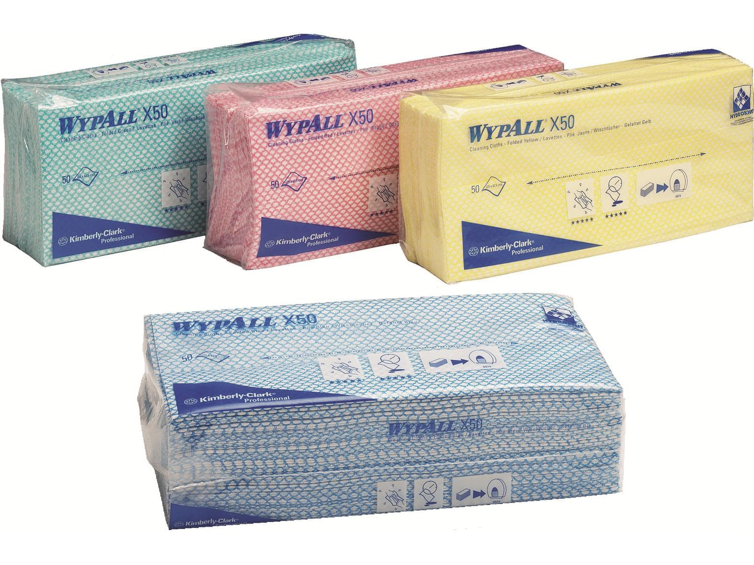 Chiffons de nettoyage Wypall X50 verts 1 pli 25 x 42,5 cm, entrecroisés, lavables