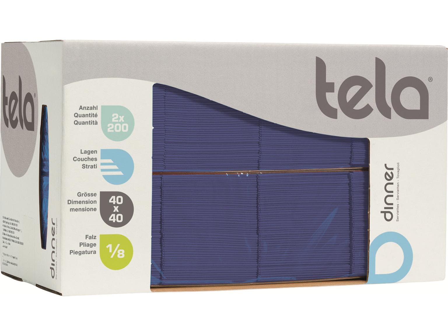 Serviettes de table Tela Guestline, 3 plis, 40 x 40 cm, pli 1/8, bleu foncé