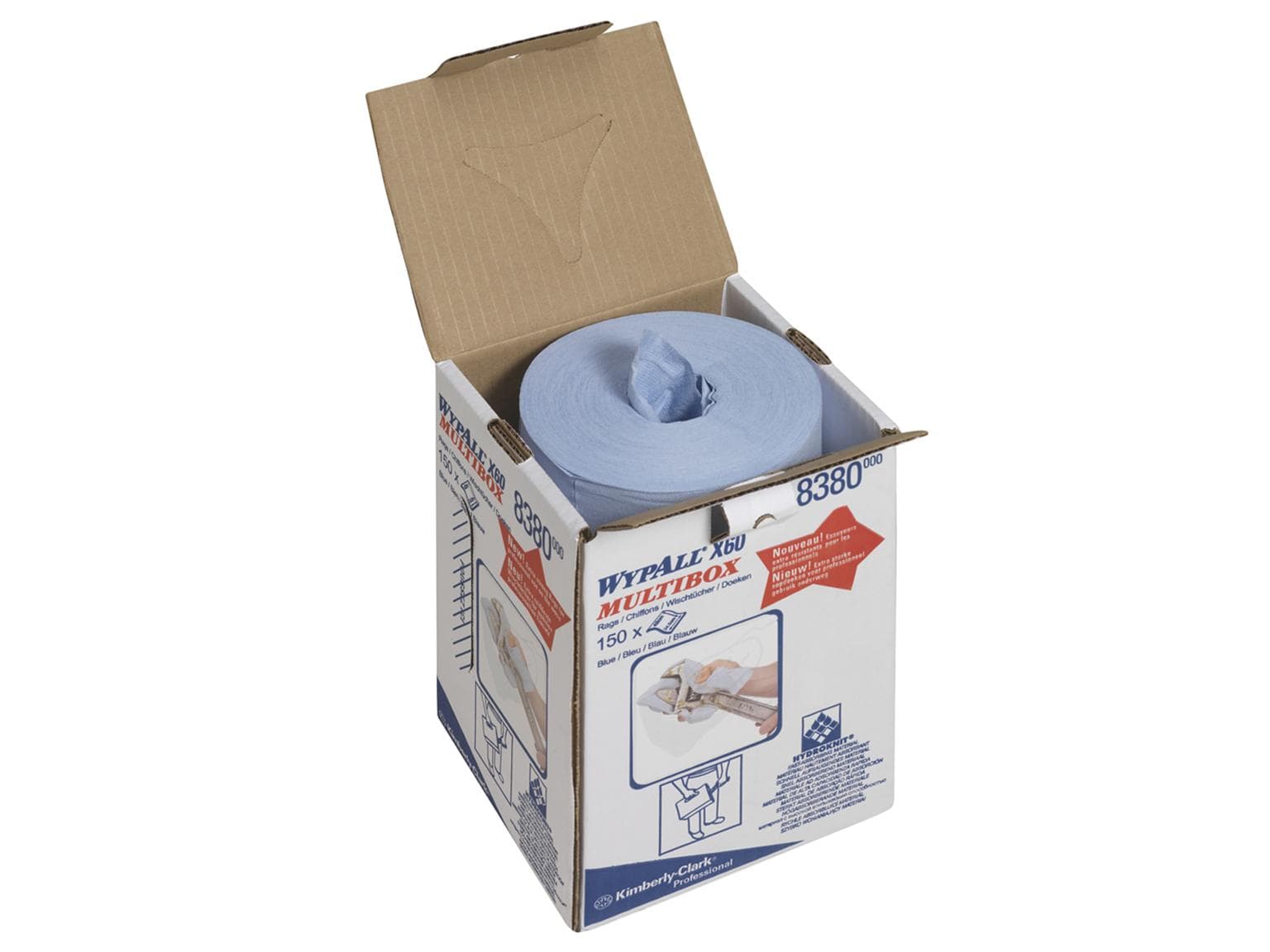 Chiffons de nettoyage Wypall X60 Multibox bleu clair 42 x 24,5 cm perforés, distribution centrale