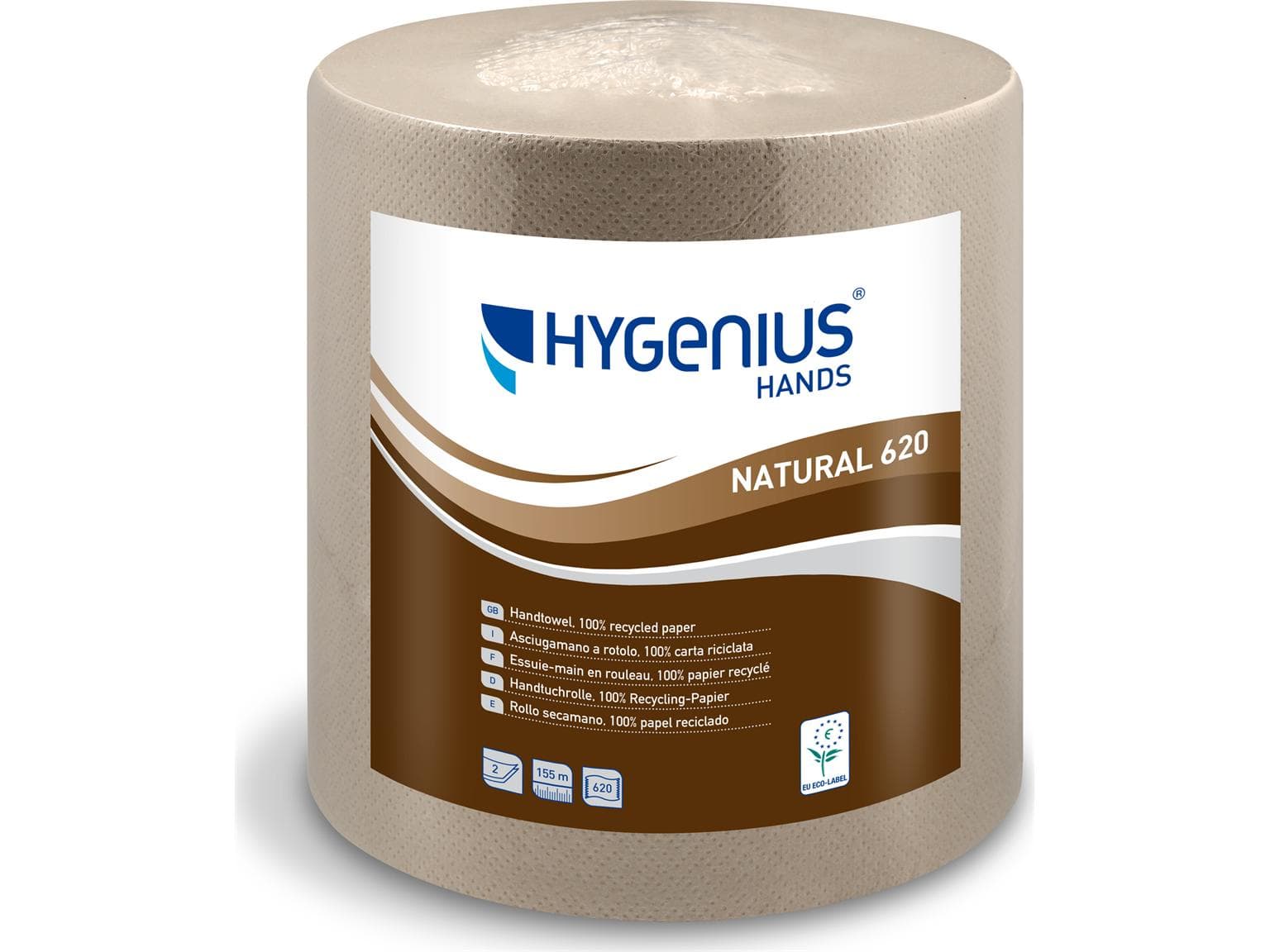 Rotoli di asciugamani Hygenius Hands Natural 620, cartone per bevande riciclato al 100%,