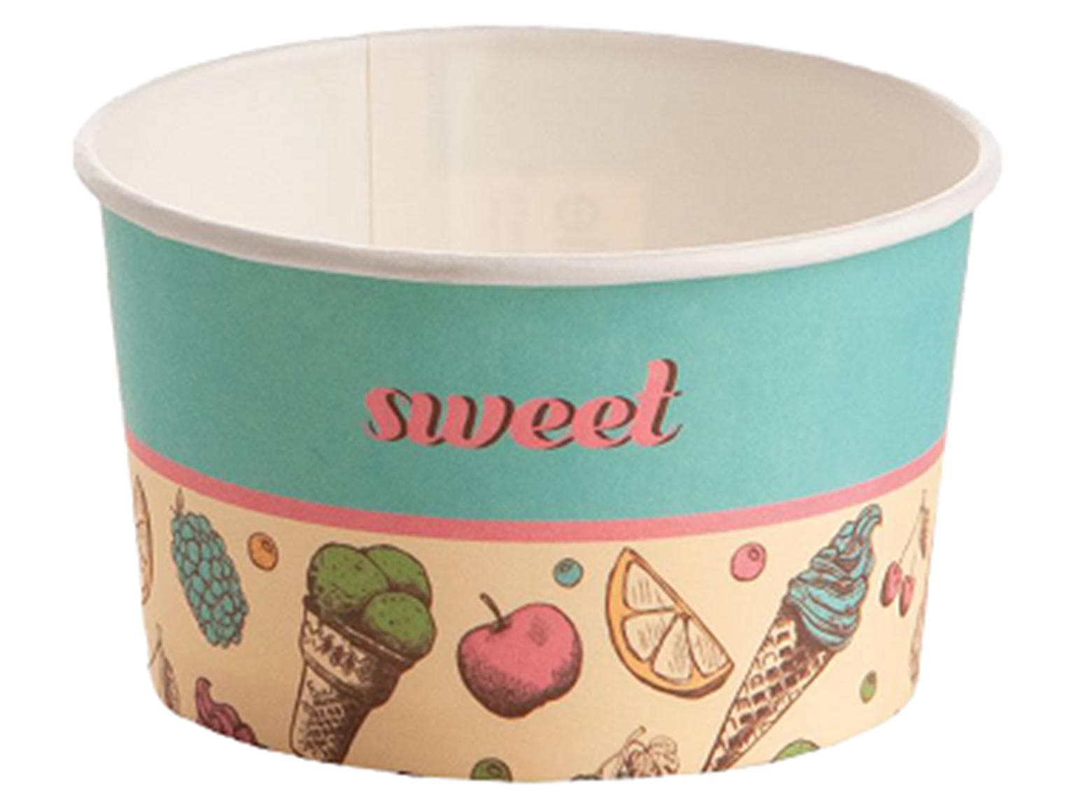 Coupe à glace 190 cc (ø 85 mm, hauteur 50 mm), en carton, impression standard turquoise (sucré)
