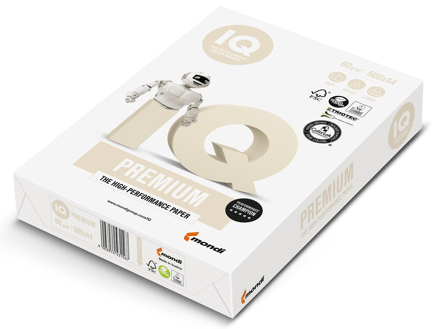 Papier copie IQ Premium Triotec, A4, 80 g/m², blanc brillant, sans chlore, FSC