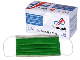 Mascherine protettive a 3 strati verdi, tipo IIR, pile PP, elastici bianchi,