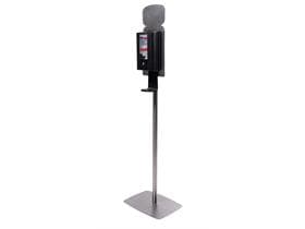Colonne de désinfection avec distributeur à capteur, support en acier inoxydable et panneau d'information