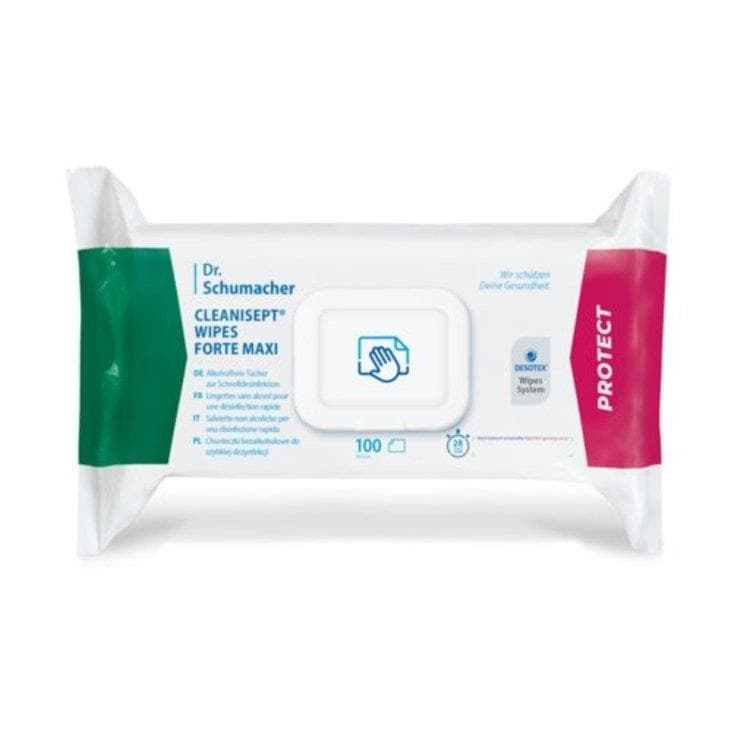 Cleanisept Wipes Forte Maxi senza alcol, confezione da 100 salviette.
