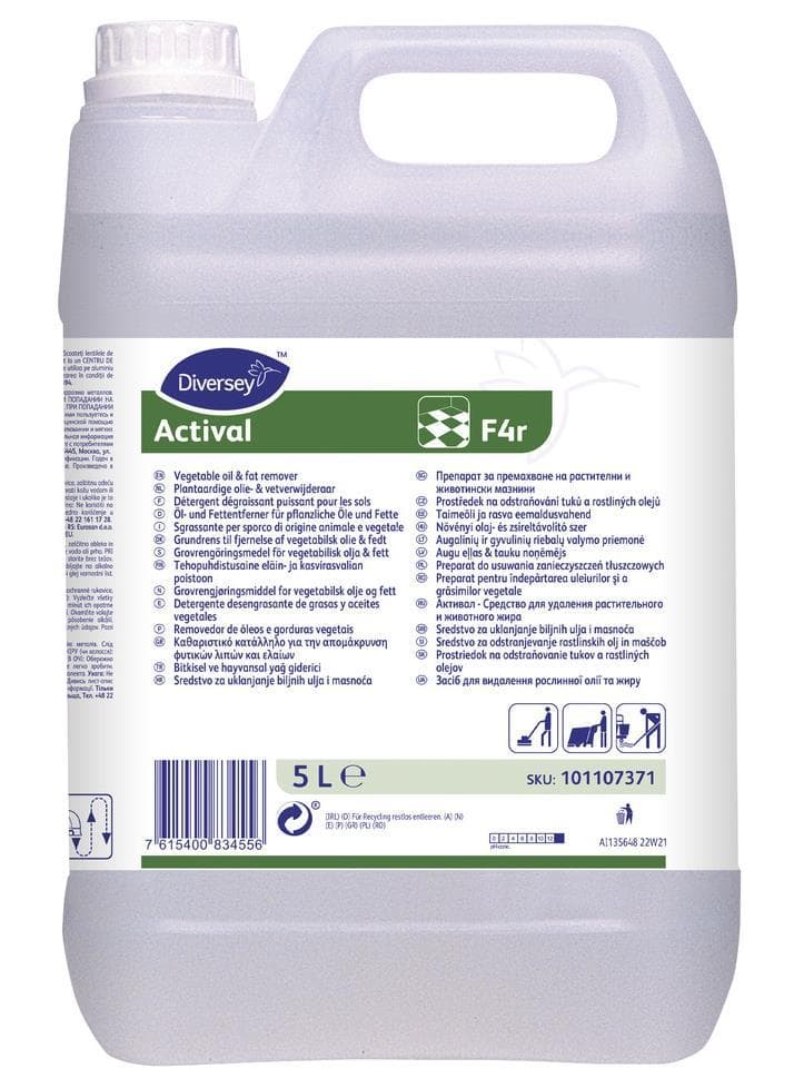 Detergente per pavimenti Actival F4r, 2x5 Ltr a bassa schiuma, altamente alcalino