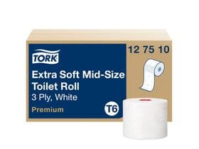 Papier toilette Tork Compact, tissu blanc brillant (T6), 3 plis, 9,9 cm x 70 mètres courants, imperméable.