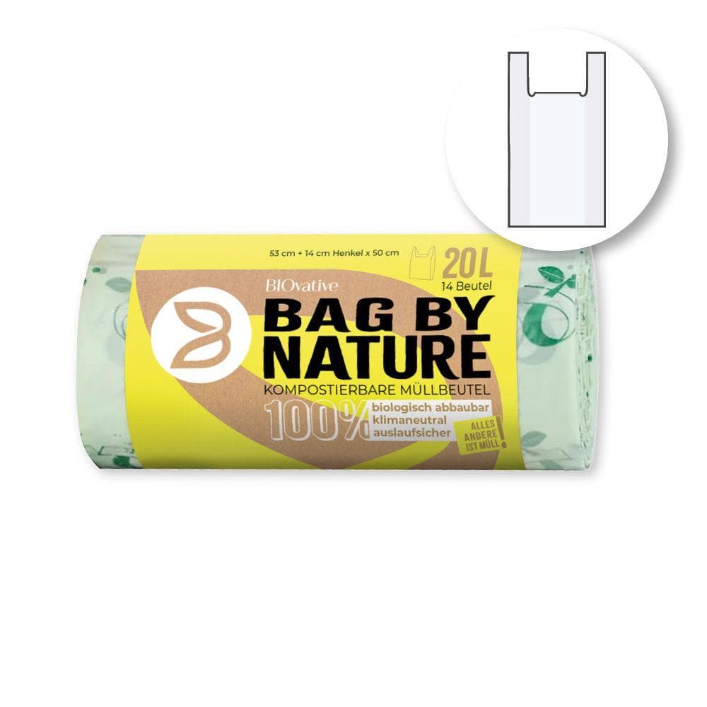 Sac à déchets biologiques compostable de 20 L avec poignée pour un nouage facile.