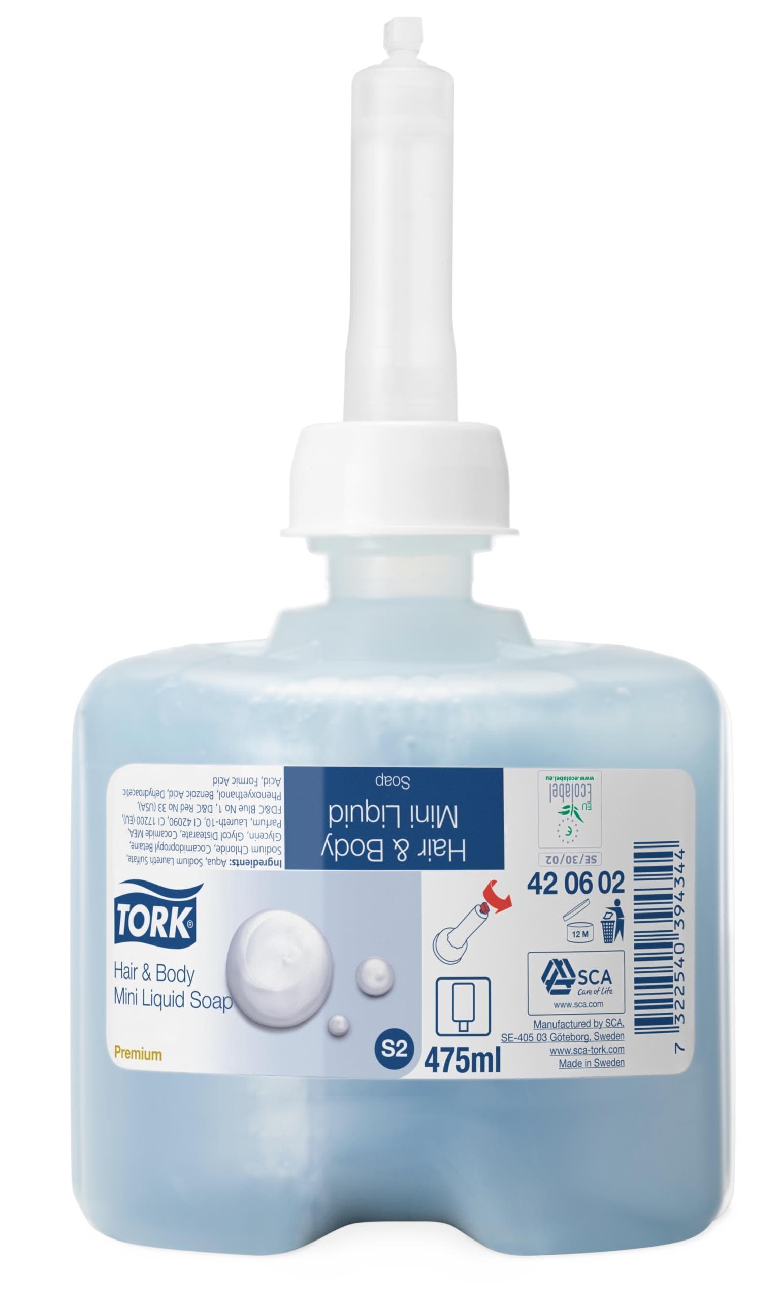 Mini shampooing pour cheveux et corps, Tork Premium (S2), flacon de 475 ml, bleu, agréable