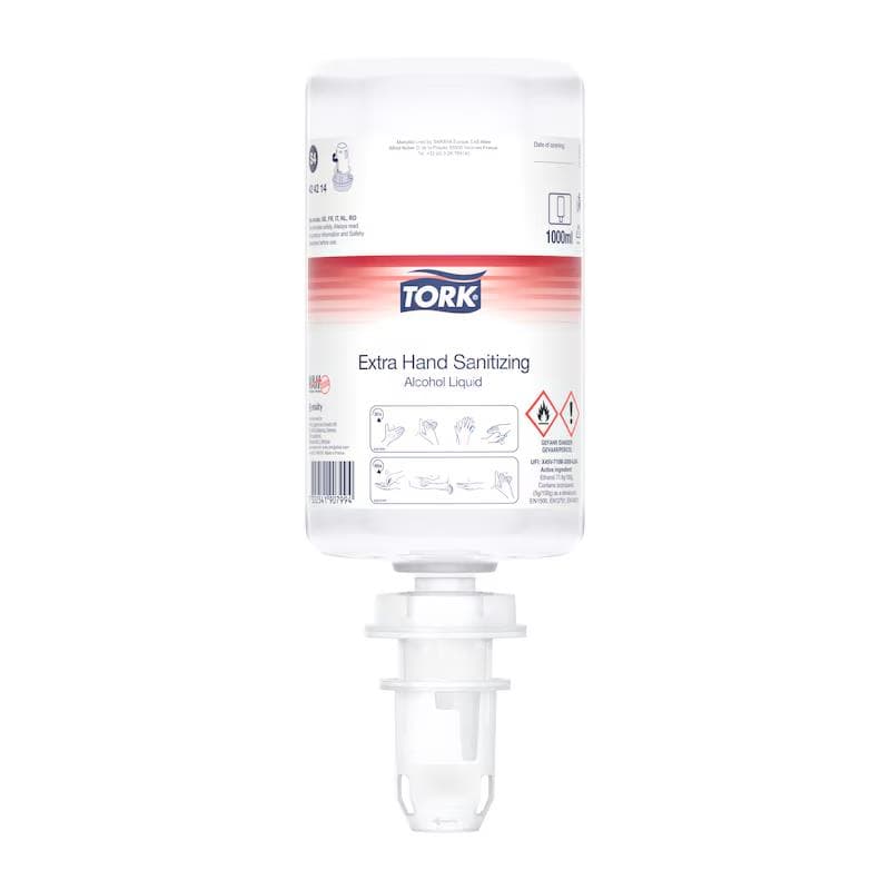 Désinfectant pour les mains Tork liquide avec alcool, flacon de 1000 ml, transparent,