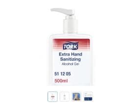 Gel désinfectant pour les mains Tork (S4), flacon de 500 ml, incolore, avec distributeur à pression.