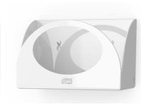 Piccolo distributore di confezioni Tork, bianco, in plastica, H 146 x L 107 x P 214 mm.
