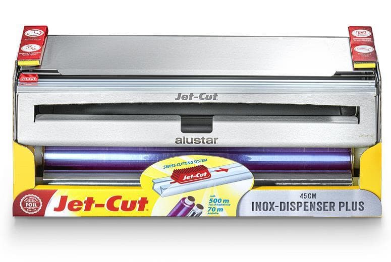Distributore Jet-Cut Inox Plus da 45 cm con 1 rotolo di pellicola trasparente e foglio di alluminio
