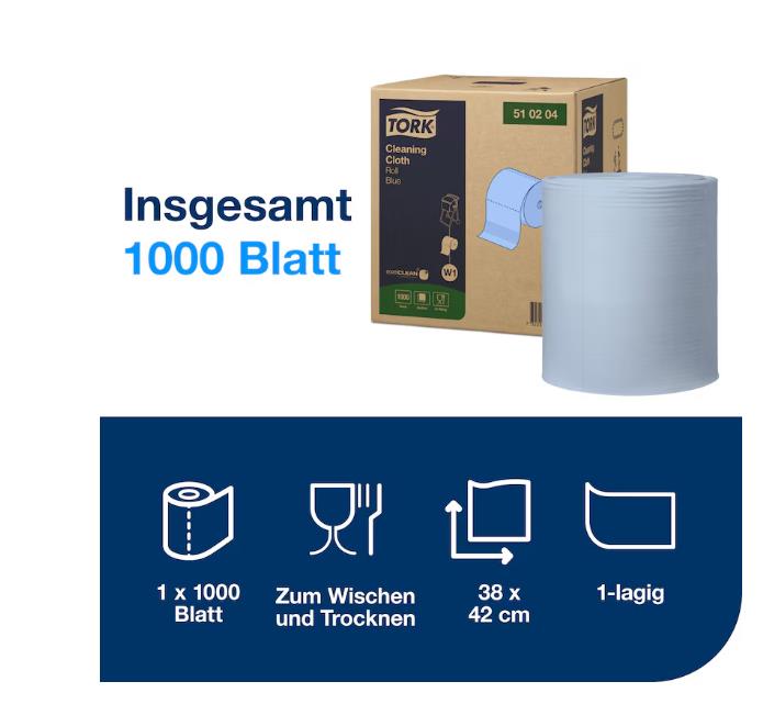 PUTZTUCHROLLEN 1-LAGIG TORK  Premium, 1000 Blatt, 42x38cm, blau