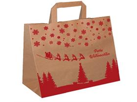 PAPIERTRAGETASCHEN TAKE-AWAY BRAUN  32 + 21.5 x 27 cm, "Frohe Weihnachten"