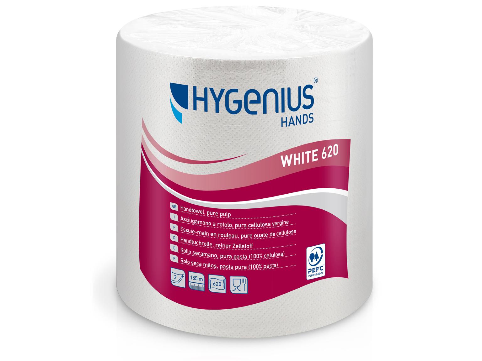 HANDTUCHROLLEN 2-LAGIG HYGENIUS WHITE  Hands White, 21 cm x 155 lfm, Zellstoff