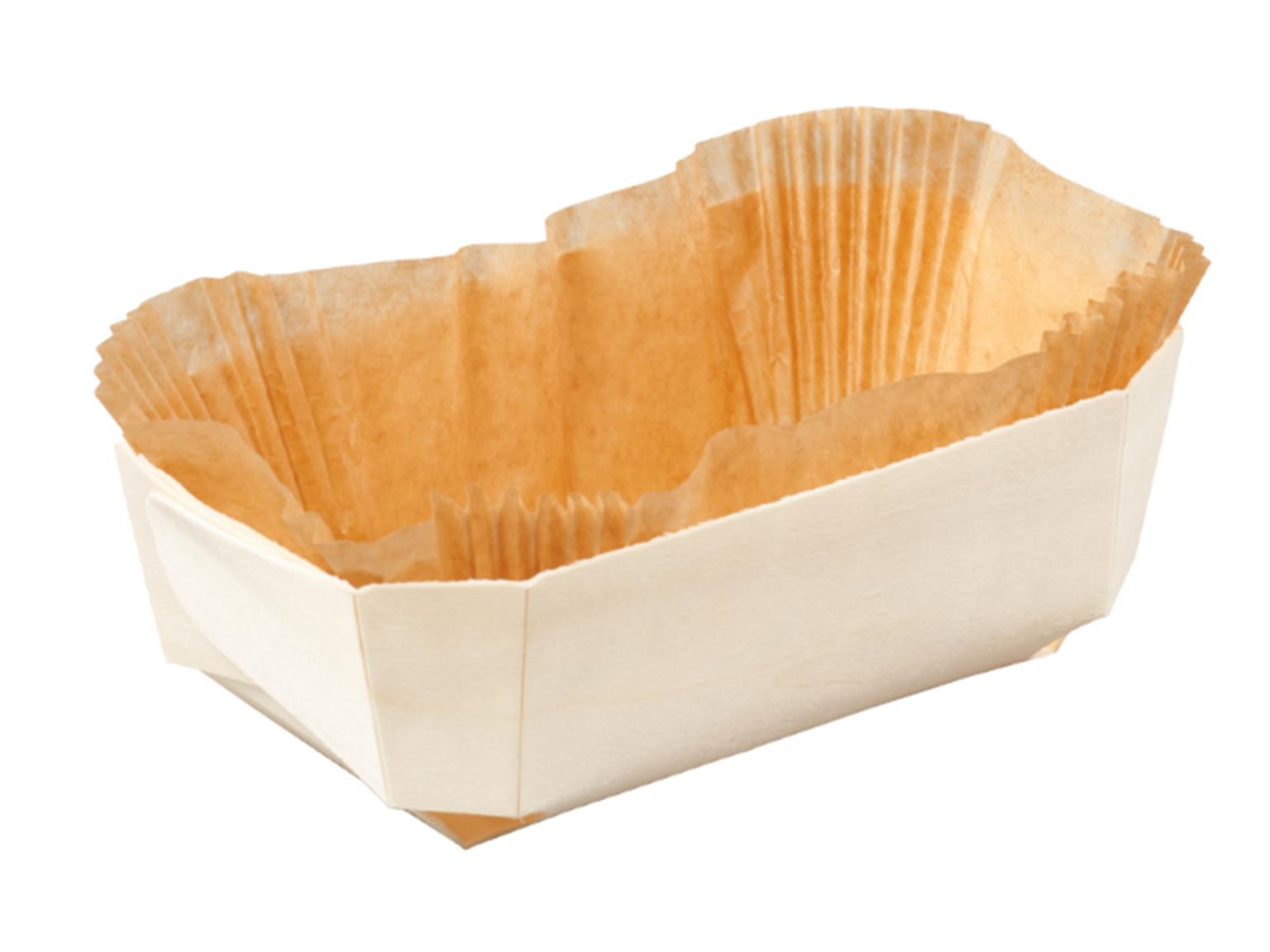 HOLZBACKFORM MIT EINLAGE  185 x 115 x 60 mm, für 350 gr