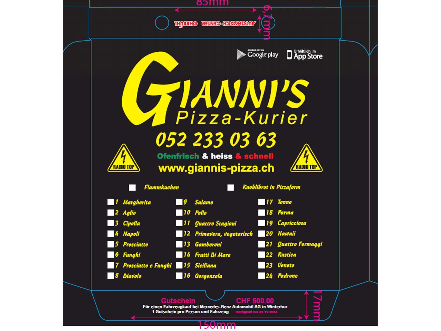 PIZZAKARTON  "Gianni's", 26 x 26 x 3 cm, 4-farbig