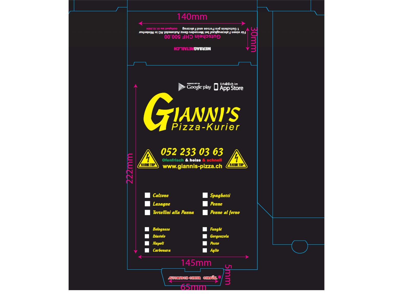 PIZZAKARTON  "Gianni's", 27 x 17 x 7 cm, 4-farbig